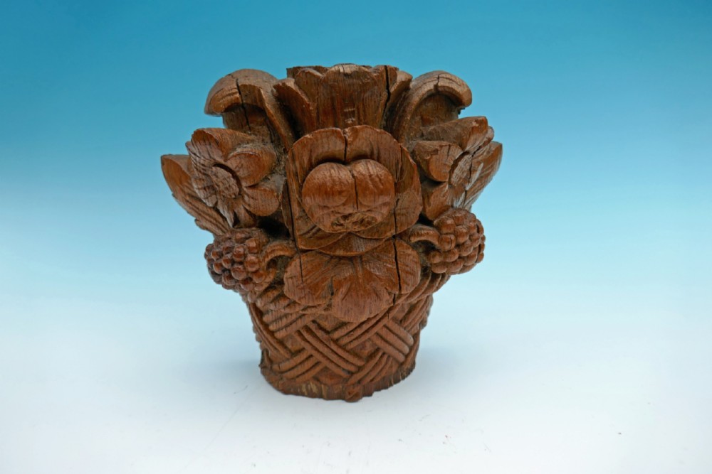 Antique 17thc Oak Continental Carved Flowers In A Basket.     French  C1680-90. 