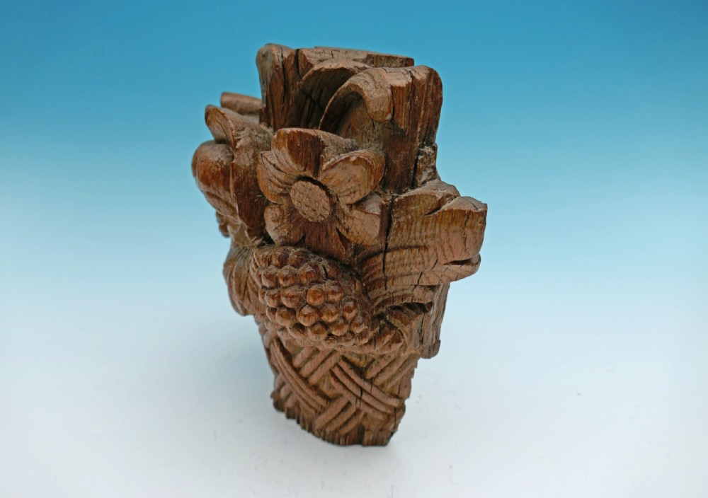 Antique 17thc Oak Continental Carved Flowers In A Basket.     French  C1680-90.  View II