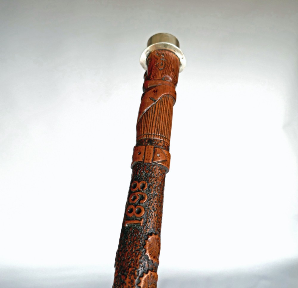 Antique 19thc Fruitwood Carved Walking Stick Dated 1898 . English. View III