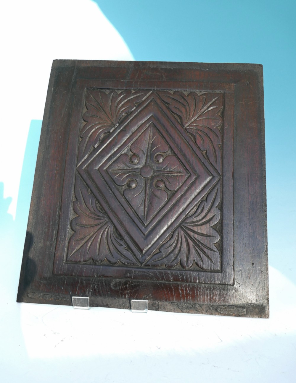 Antique 17thc Oak Coffer Panel Carved With Leaf And Lozenge Decoration.  English C1640-60.