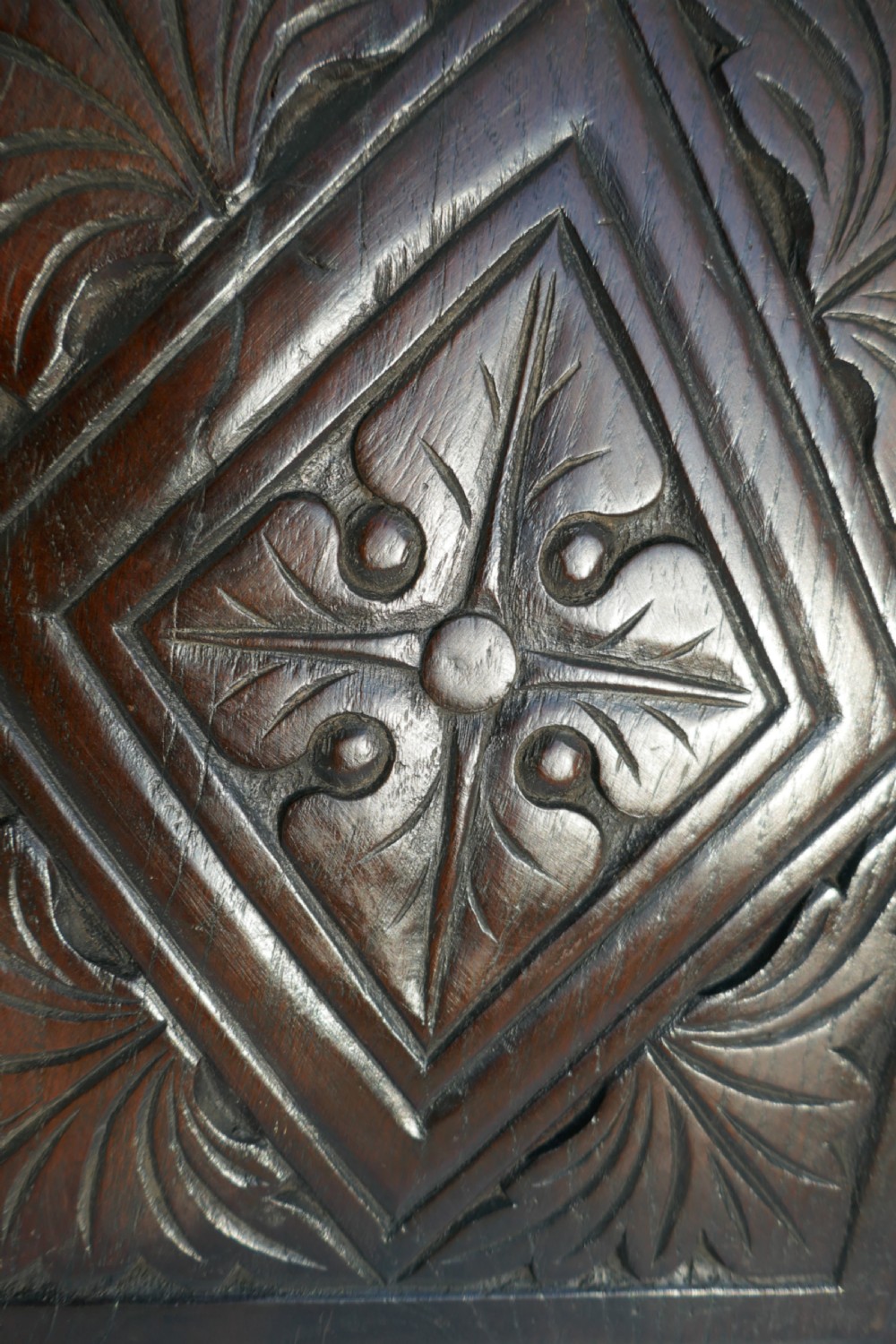 Antique 17thc Oak Coffer Panel Carved With Leaf And Lozenge Decoration.  English C1640-60. View II
