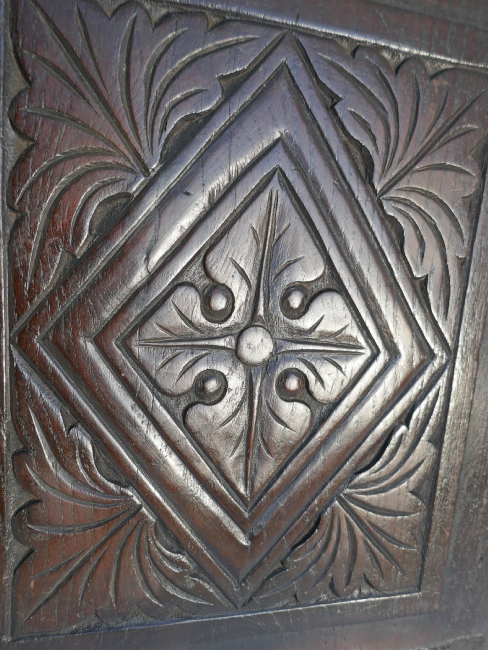 Antique 17thc Oak Coffer Panel Carved With Leaf And Lozenge Decoration.  English C1640-60. View III