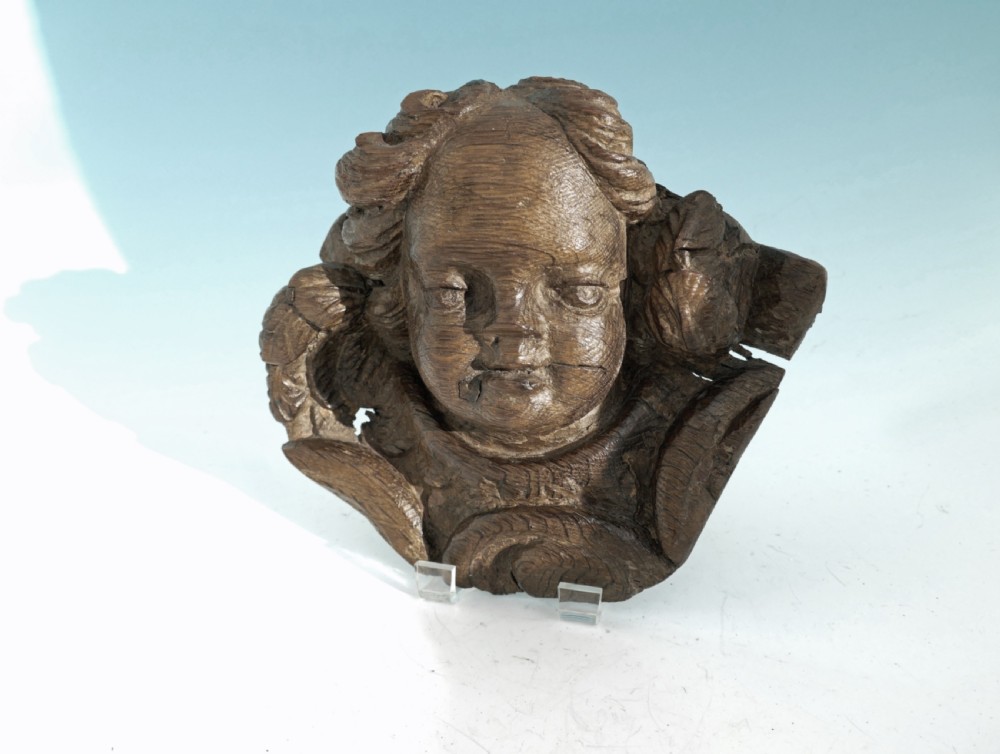 Antique 15thc Carved Oak Head Of A Cherub Complete With Shaped Ruff.  French.  C1440-60. View II