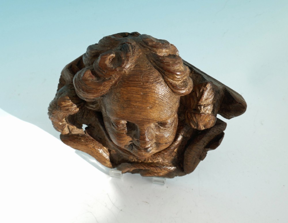Antique 15thc Carved Oak Head Of A Cherub Complete With Shaped Ruff.  French.  C1440-60. View III