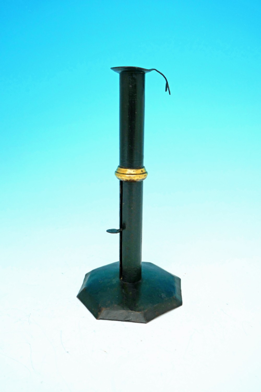 Antique Metalware Single 18thc Toleware Hogscraper Candlestick .   English C1780-C1800
