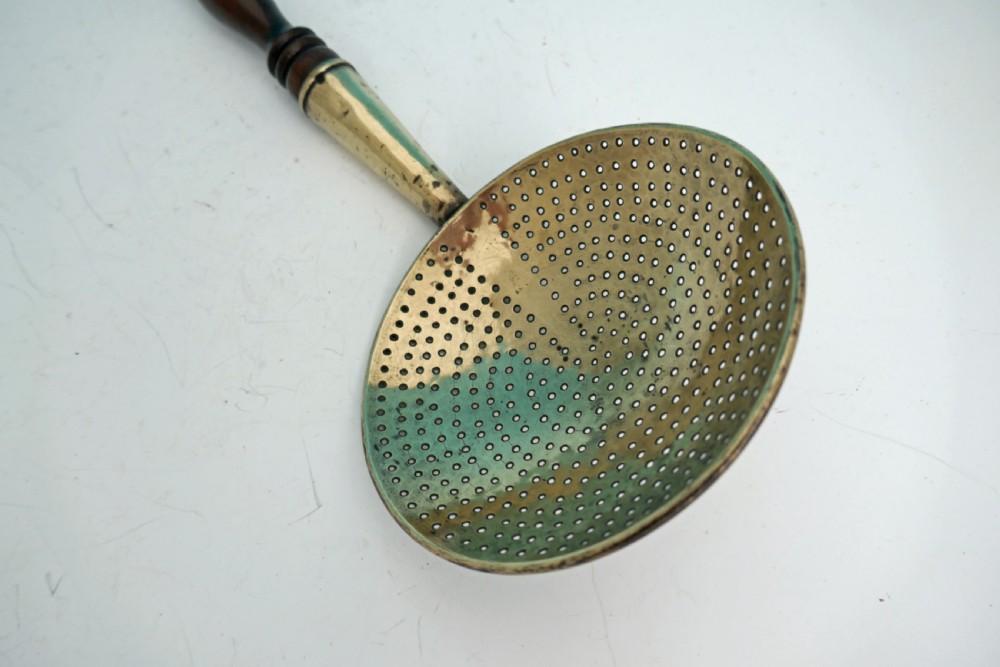 Antique 19thc Metalware Brass Skimmer With Turned Fruitwood Handle.  English C1800-20 View II