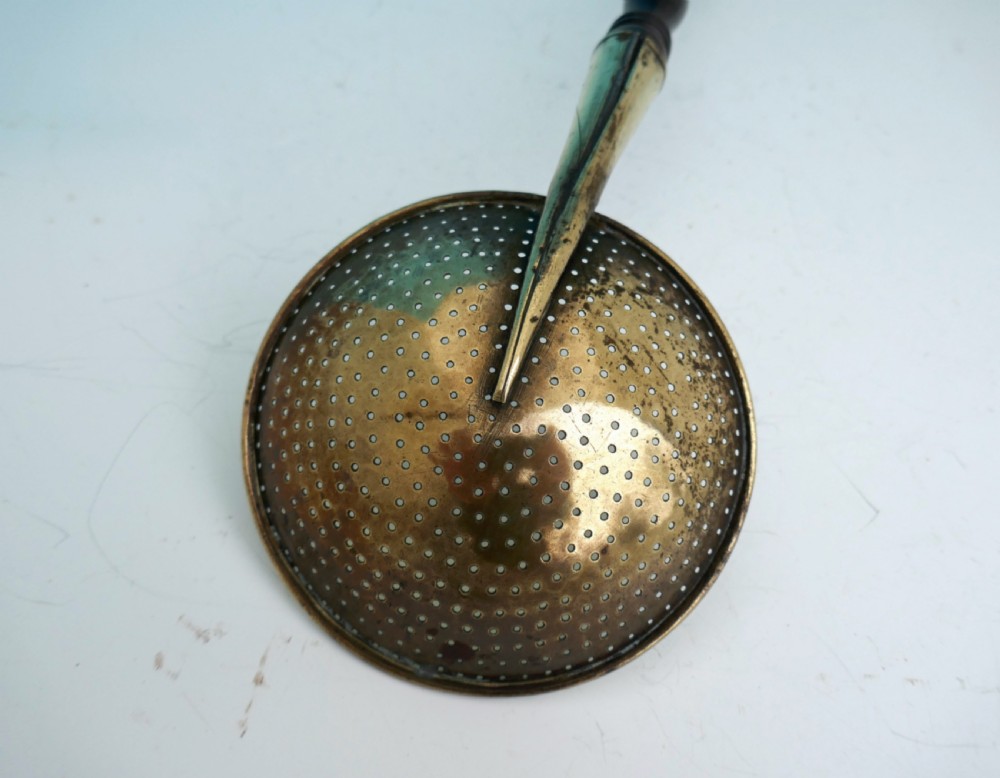 Antique 19thc Metalware Brass Skimmer With Turned Fruitwood Handle.  English C1800-20 View III