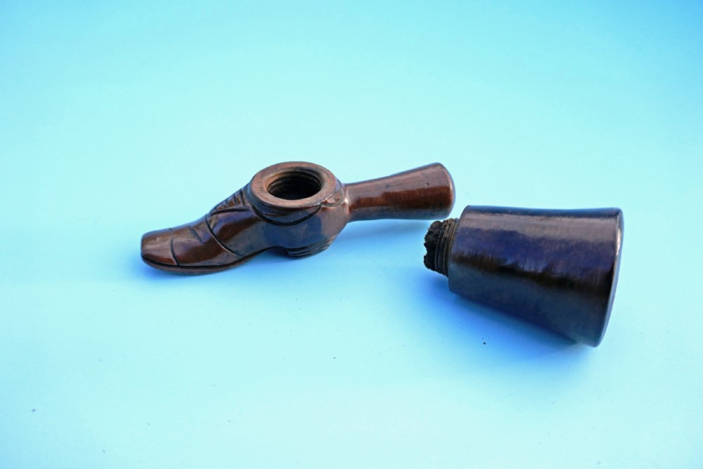 Antique 19thc Treen Boxwood & Walnut Carved Pipe In The Shape Of A Boot.   English/ French C1820-40. View V