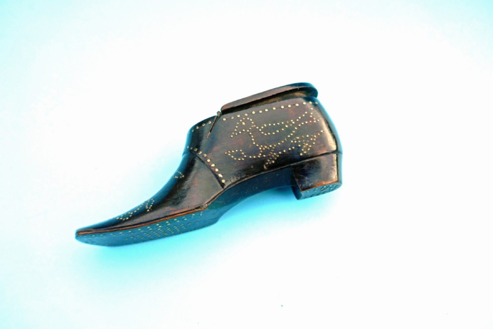 Antique Treen 19thc Snuff Shoe With Brass Piquet Work .    English. C1840-60