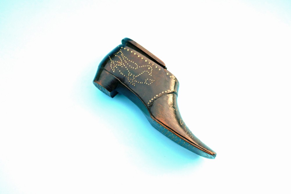 Antique Treen 19thc Snuff Shoe With Brass Piquet Work .    English. C1840-60 View II