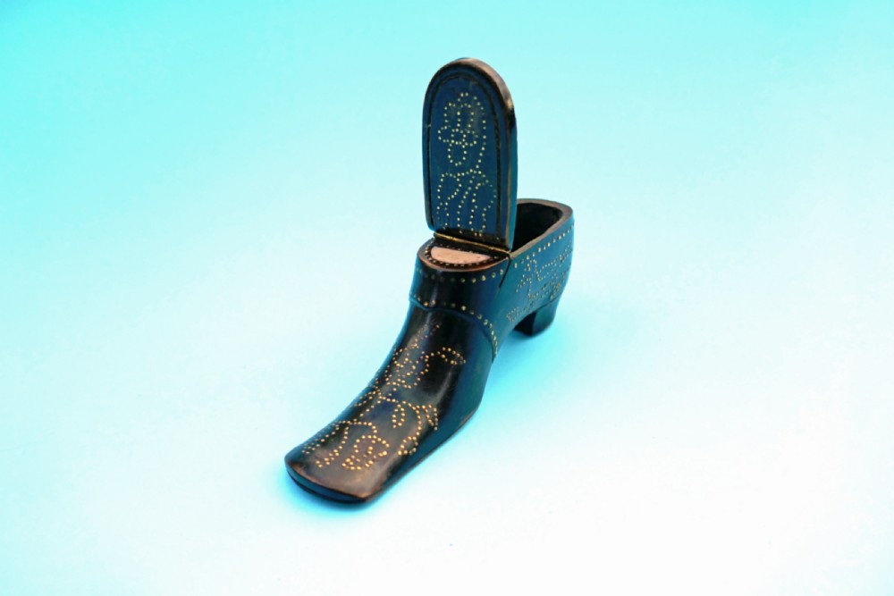 Antique Treen 19thc Snuff Shoe With Brass Piquet Work .    English. C1840-60 View III