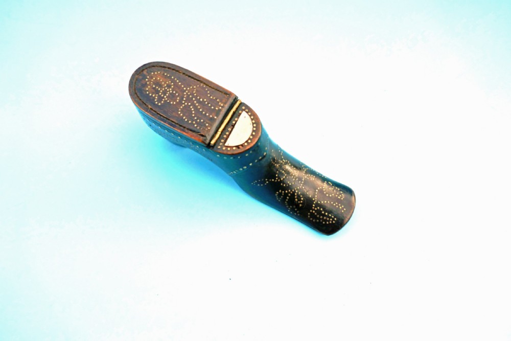Antique Treen 19thc Snuff Shoe With Brass Piquet Work .    English. C1840-60 View IV