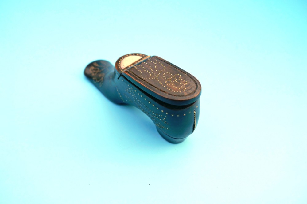 Antique Treen 19thc Snuff Shoe With Brass Piquet Work .    English. C1840-60 View V