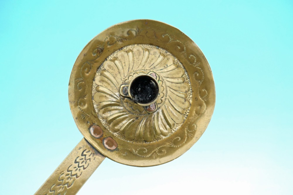 Antique Metalware 17thc Decorative Sheet Brass Chamberstick.   Dutch C1660-80. View II