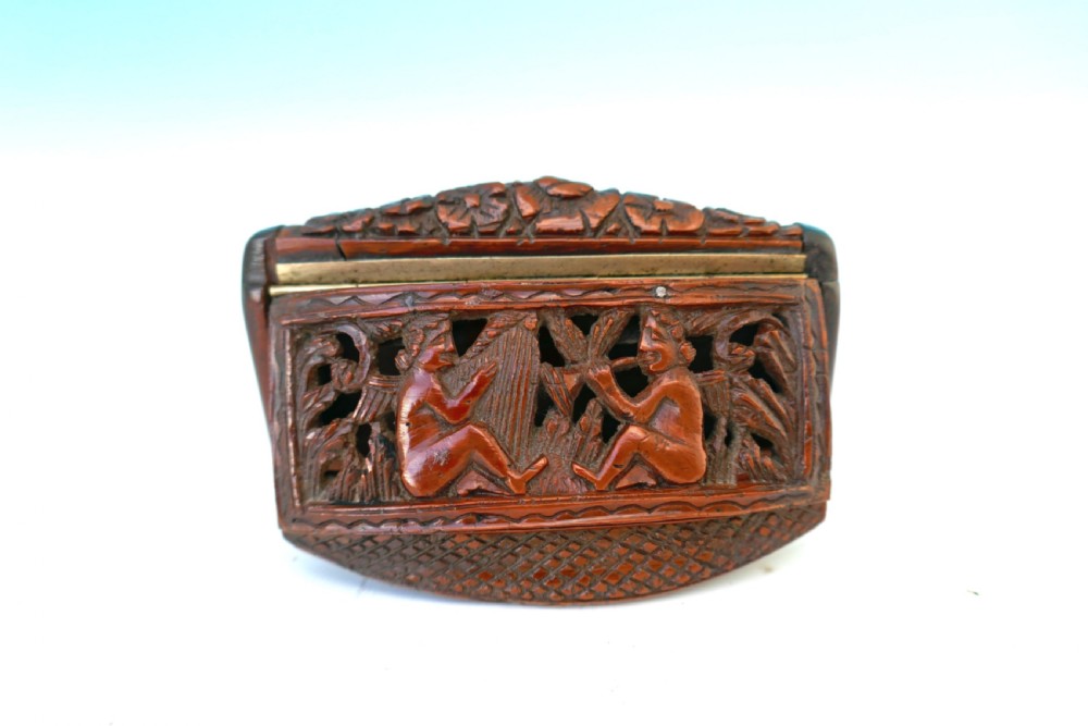 Antique Treen 19thc Coquilla Nut Snuff Box or Vinaigrette Carved With Musical Playing Cherubs & Harp Playing Lady.  French C1820-40.