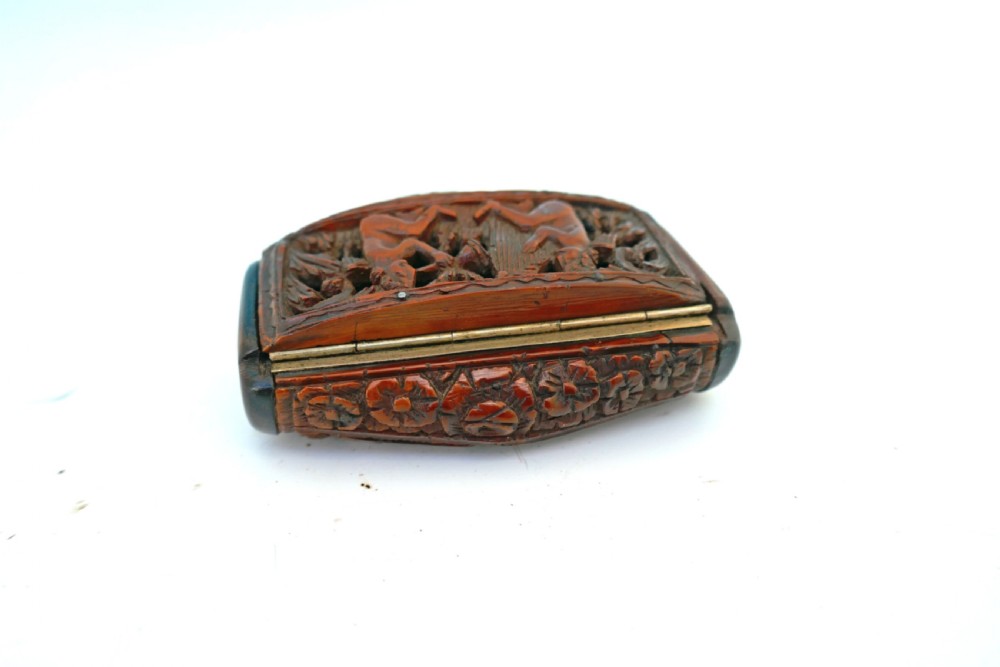 Antique Treen 19thc Coquilla Nut Snuff Box or Vinaigrette Carved With Musical Playing Cherubs & Harp Playing Lady.  French C1820-40. View III