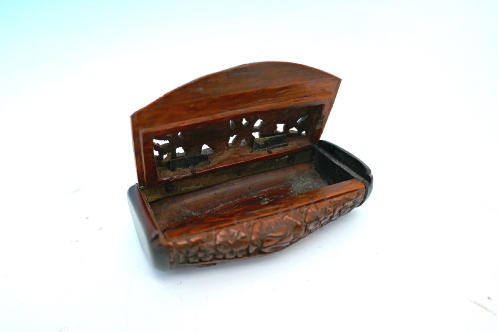 Antique Treen 19thc Coquilla Nut Snuff Box or Vinaigrette Carved With Musical Playing Cherubs & Harp Playing Lady.  French C1820-40. View IV
