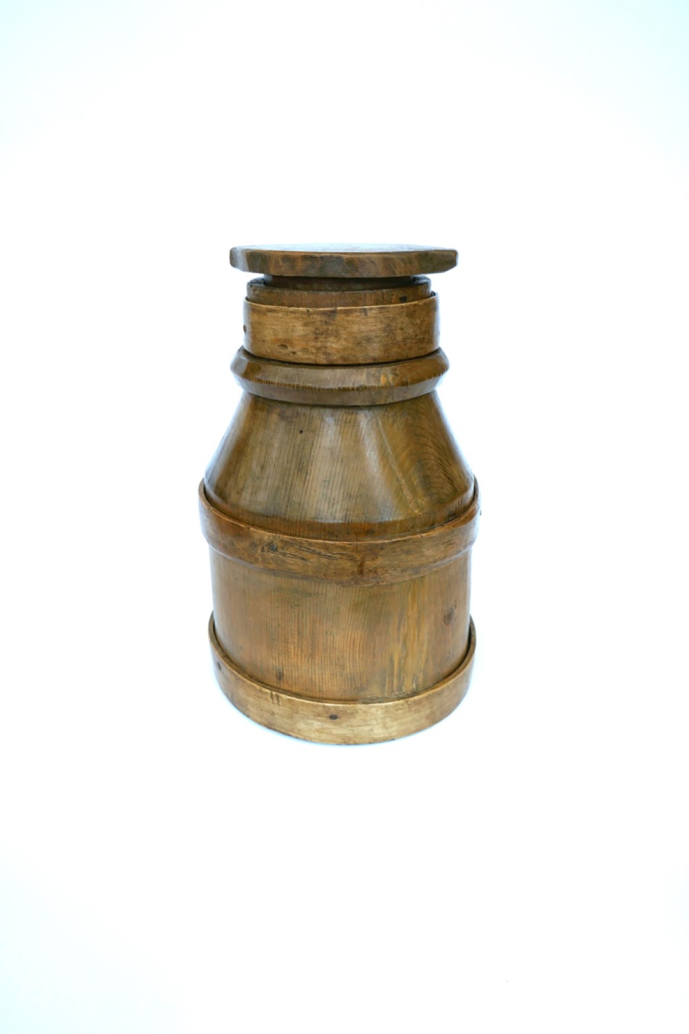 A Small 19thc Treen Pine Lathe Bound Milk / Cream Churn.   French. C1840 View II