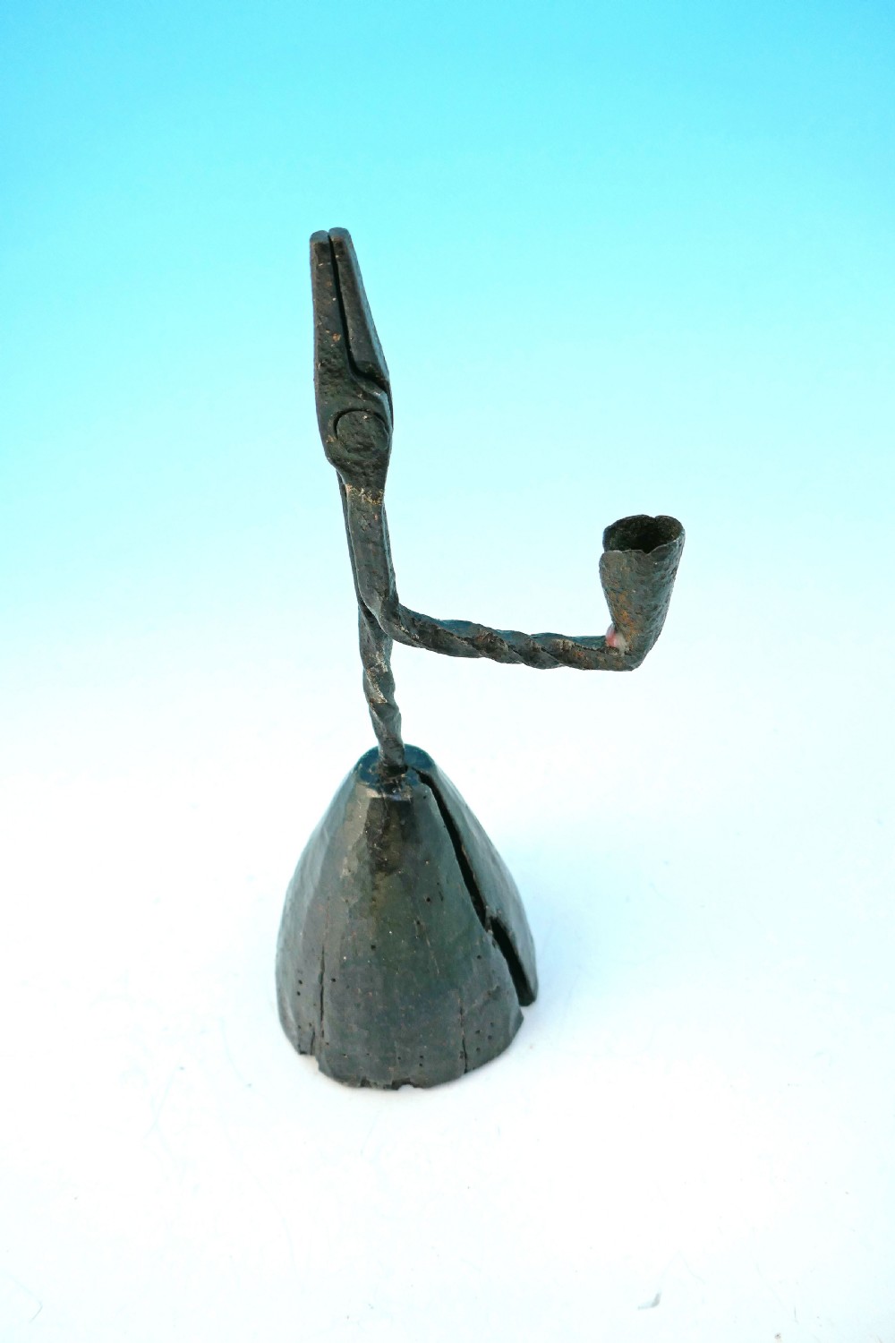 18thc Metalware Lighting Iron Rushlight & Candleholder On Turned Fruitwood Base.  Welsh C1740-60