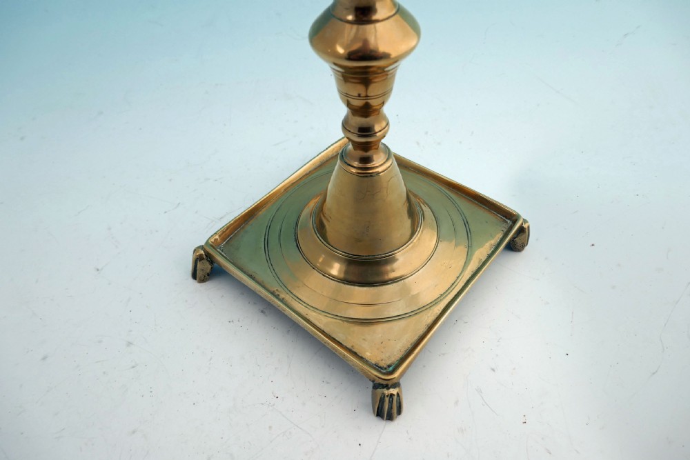 Antique Metalware 17thc Brass Square Based Candlestick.    Spanish C1680-C1700 View II