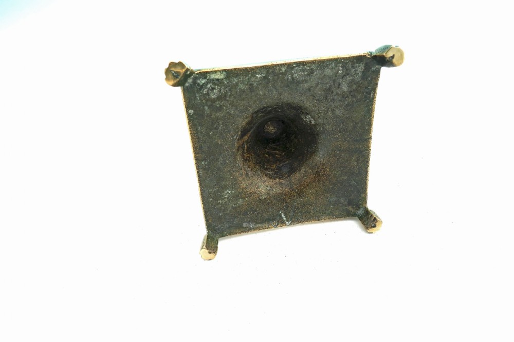 Antique Metalware 17thc Brass Square Based Candlestick.    Spanish C1680-C1700 View IV