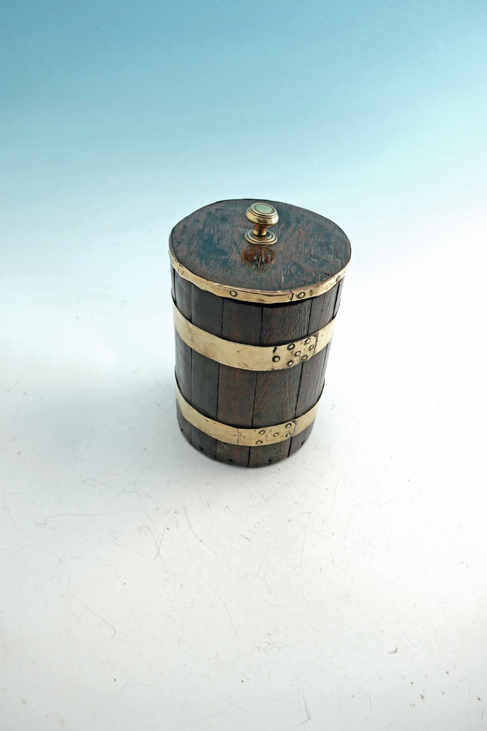 Early Treen 19thc Brass Bound Oak Staved Lidded Flour Barrel.     English C1800-20.