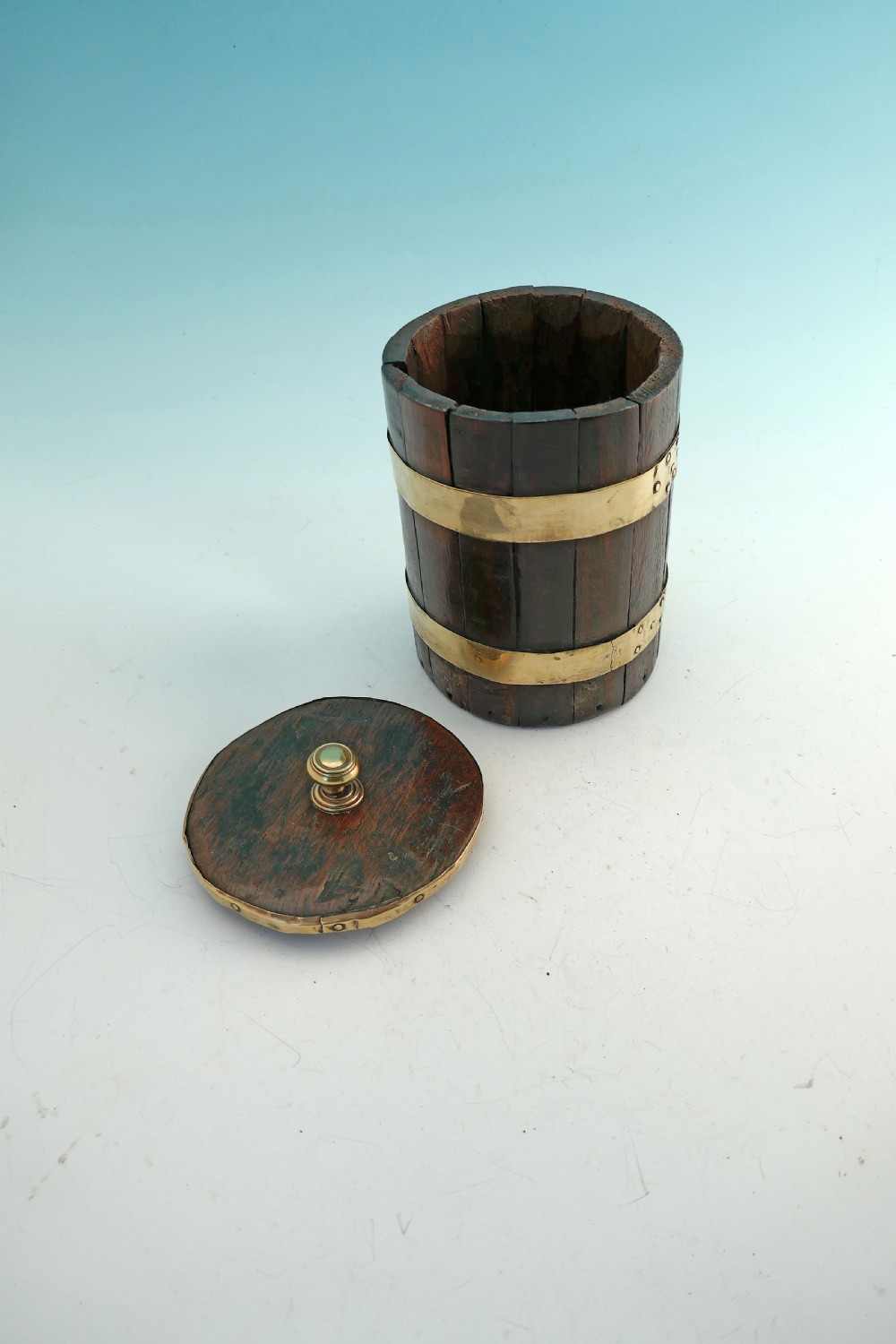 Early Treen 19thc Brass Bound Oak Staved Lidded Flour Barrel.     English C1800-20. View II