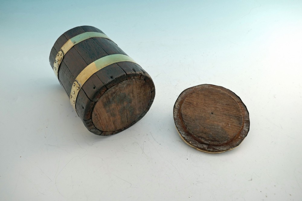 Early Treen 19thc Brass Bound Oak Staved Lidded Flour Barrel.     English C1800-20. View III