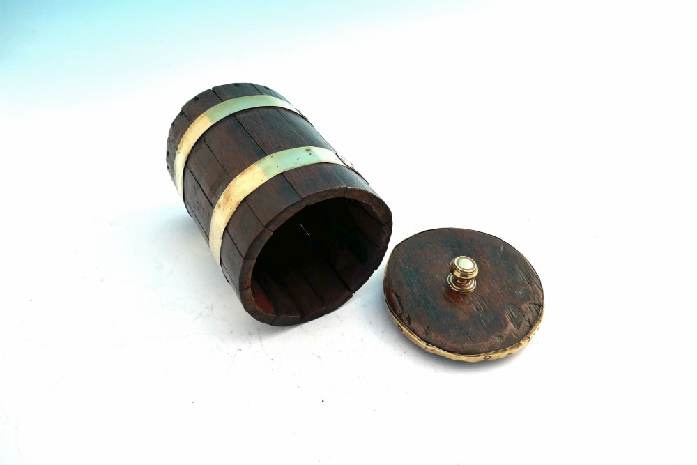 Early Treen 19thc Brass Bound Oak Staved Lidded Flour Barrel.     English C1800-20. View IV