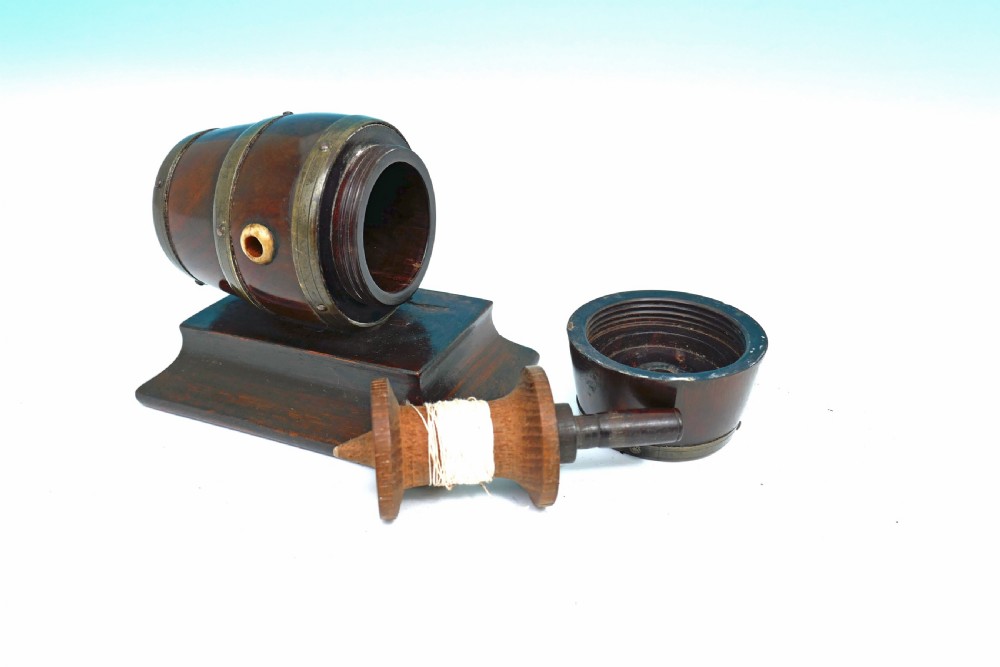 Antique Treen 19thc Rosewood & Brass Banded String Barrel.     English C1840-60 View V