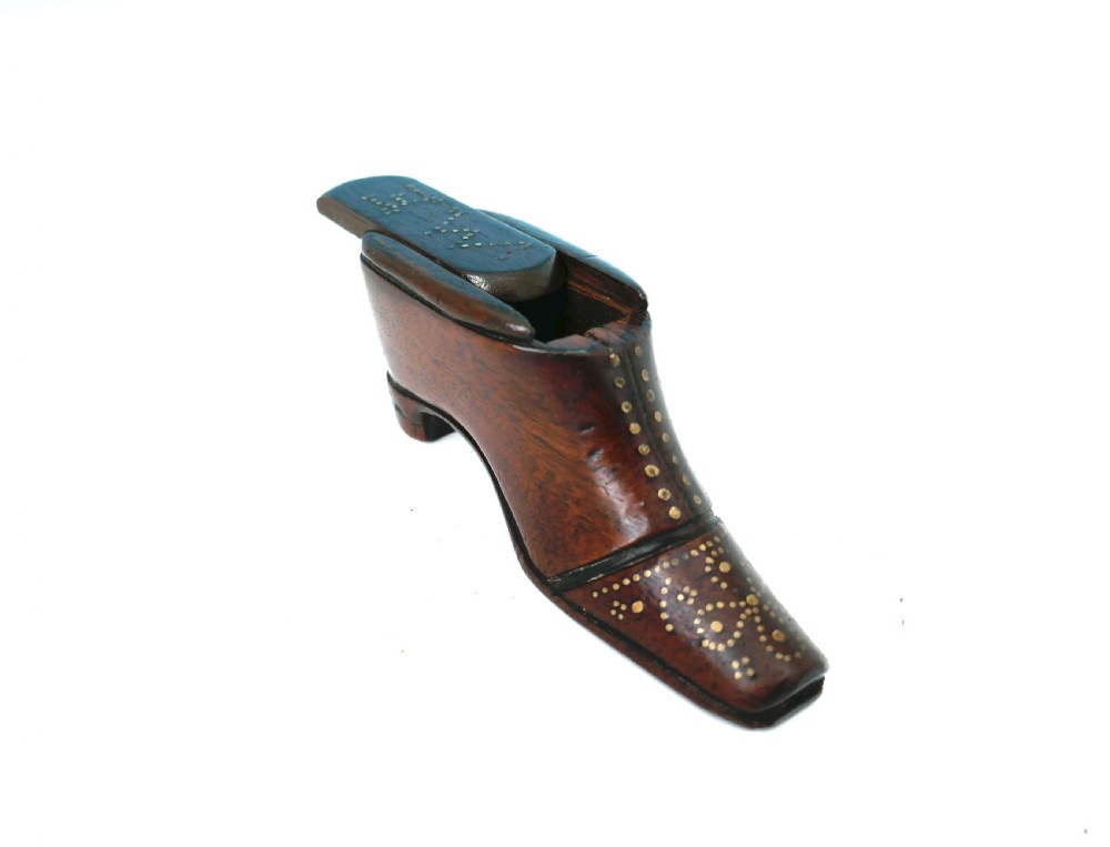 Antique Treen 19thc Fruitwood Shoe Snuff With Brass Piquet Decoration.   English C1840-60