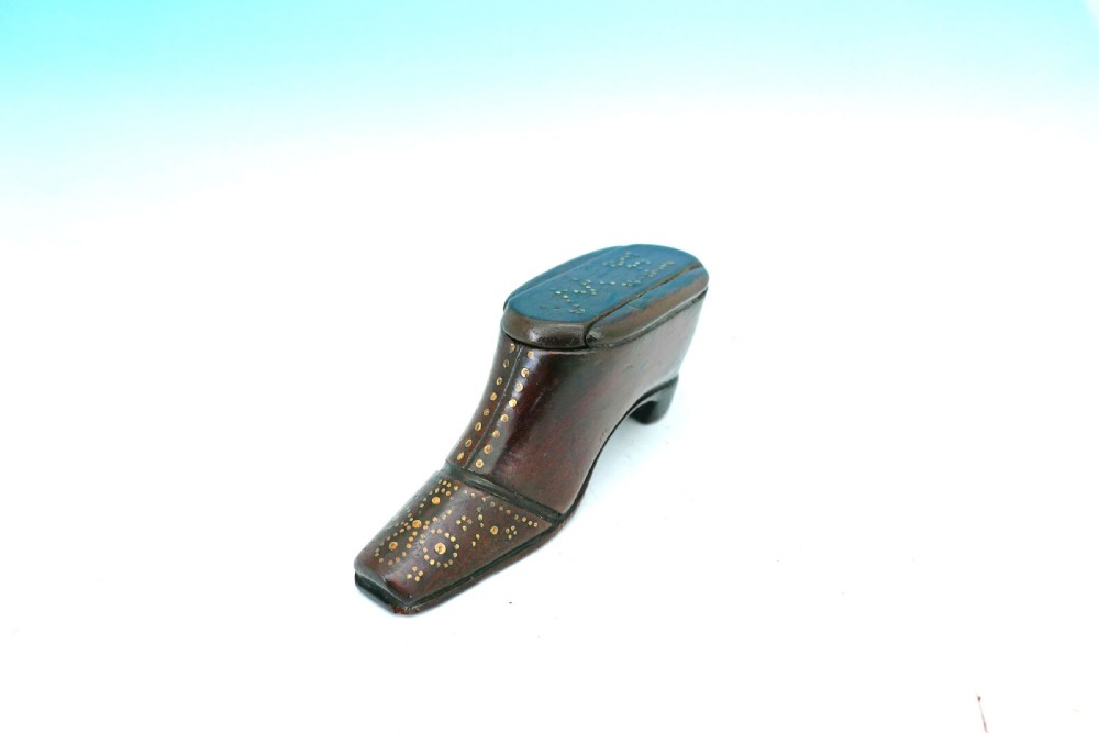 Antique Treen 19thc Fruitwood Shoe Snuff With Brass Piquet Decoration.   English C1840-60 View II