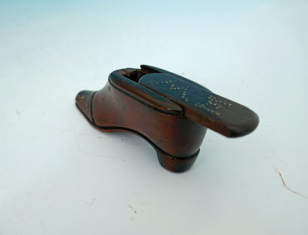 Antique Treen 19thc Fruitwood Shoe Snuff With Brass Piquet Decoration.   English C1840-60 View III