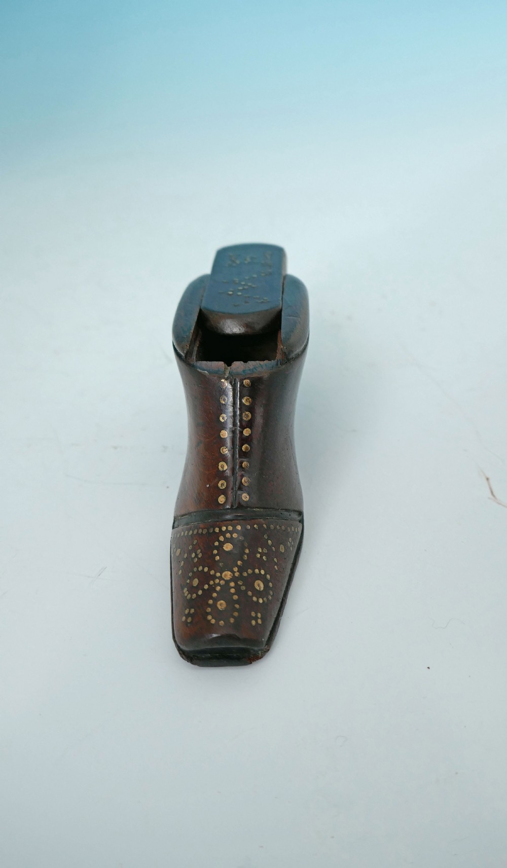 Antique Treen 19thc Fruitwood Shoe Snuff With Brass Piquet Decoration.   English C1840-60 View IV