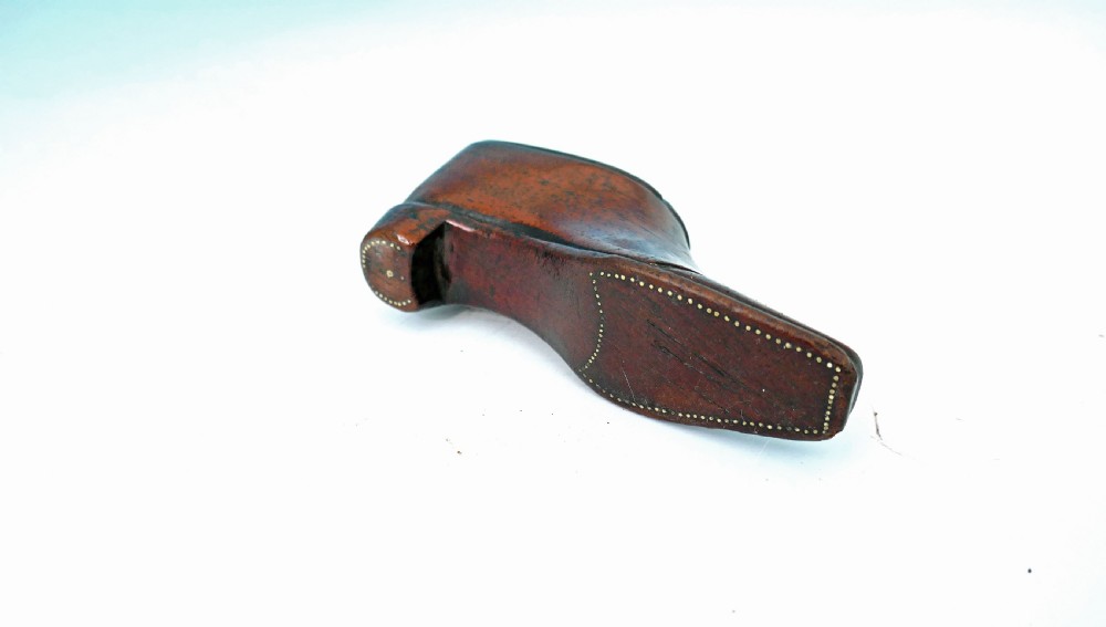 Antique Treen 19thc Fruitwood Shoe Snuff With Brass Piquet Decoration.   English C1840-60 View V