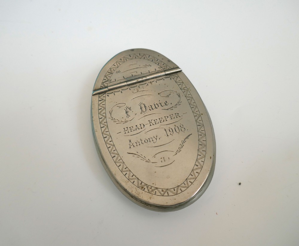 Antique Early 20th Snuff Box Dated 1908 & Engraved Head Keeper F. Davie .  English 