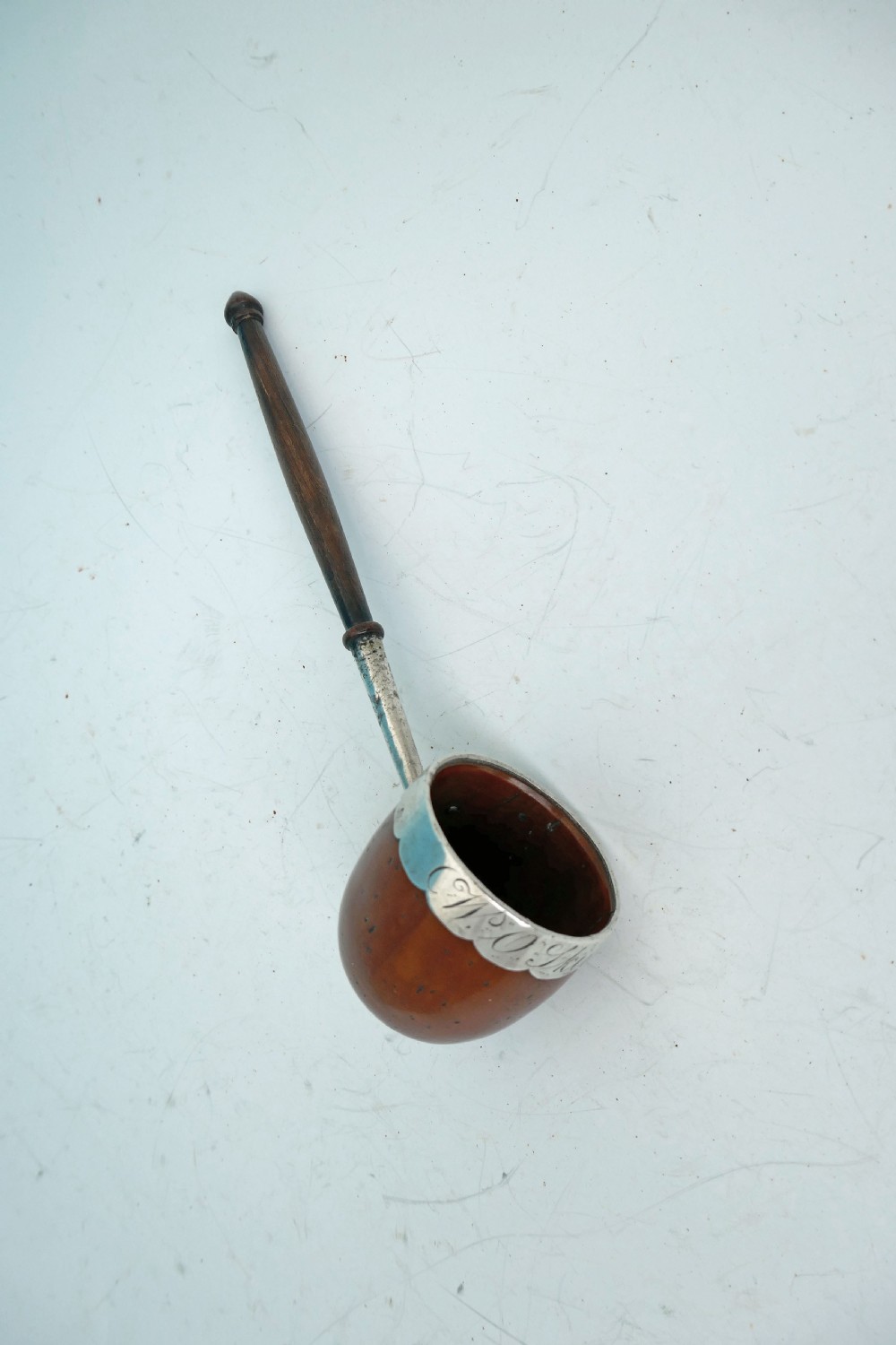 Antique Treen 18thc Silver Rimmed Toddy Ladle Engraved W O Skinner .   Scottish C1770-90