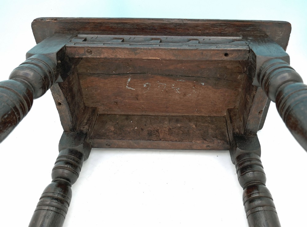 Antique 17thc Oak & Country Furniture Joyned Stool.   English C1640-50. View IV