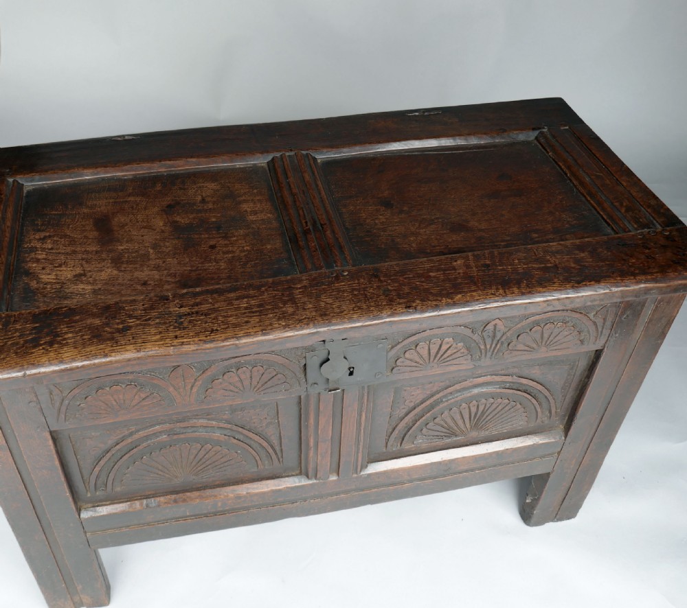Antique 17thc Oak Furniture Joyned Panelled Coffer.    English C1640-60. View II