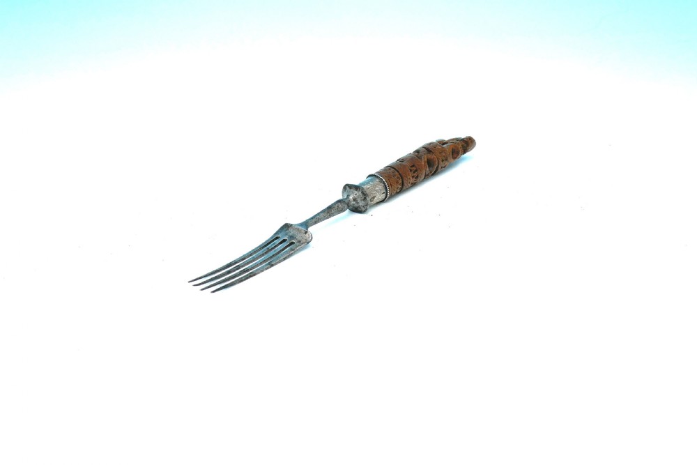 Antique Metalware 19thc Carved Lion Finial Eating Fork Dated 1877.   Dutch.