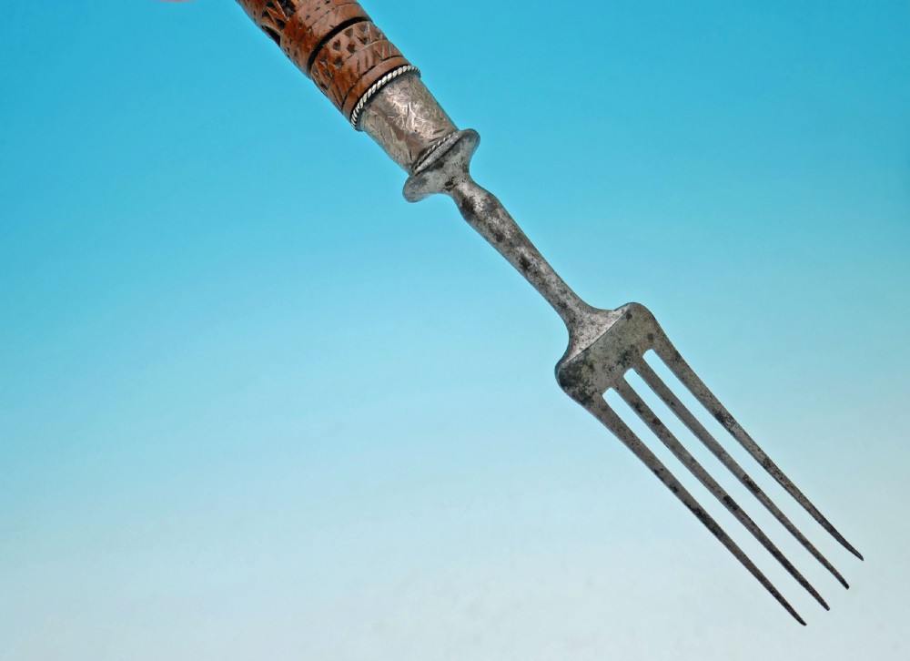Antique Metalware 19thc Carved Lion Finial Eating Fork Dated 1877.   Dutch. View VI