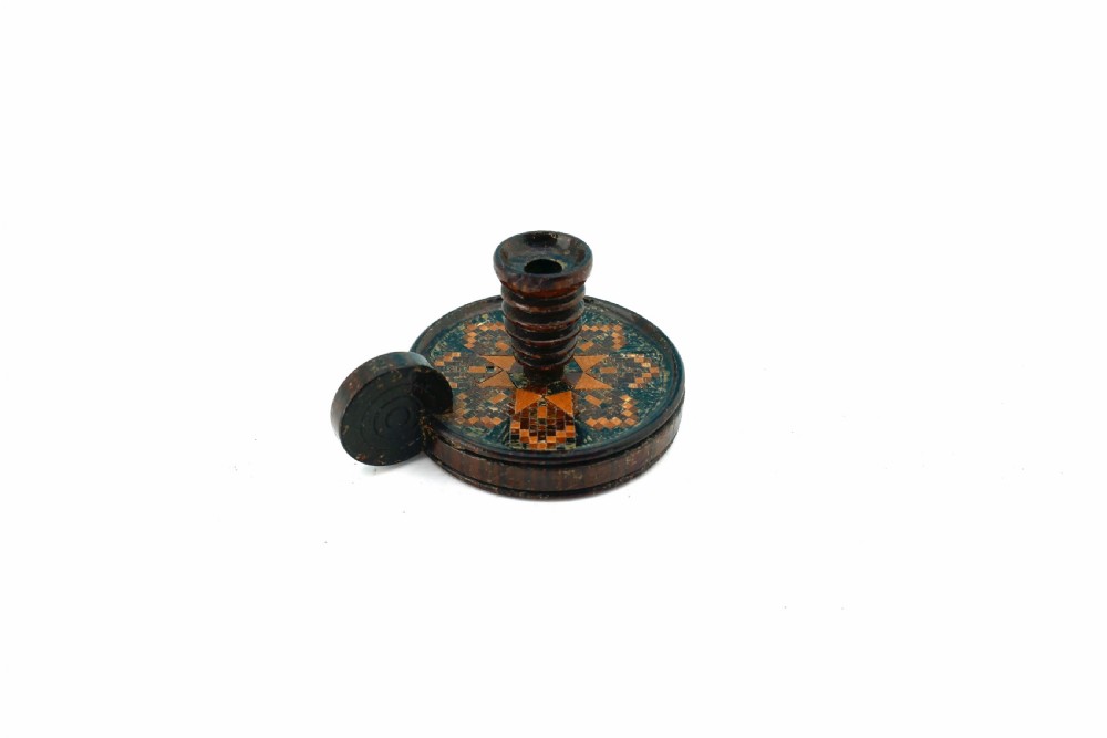 Antique 19thc Treen Miniature Tunbridge Ware Chamberstick.   English C1840 - 60. View II