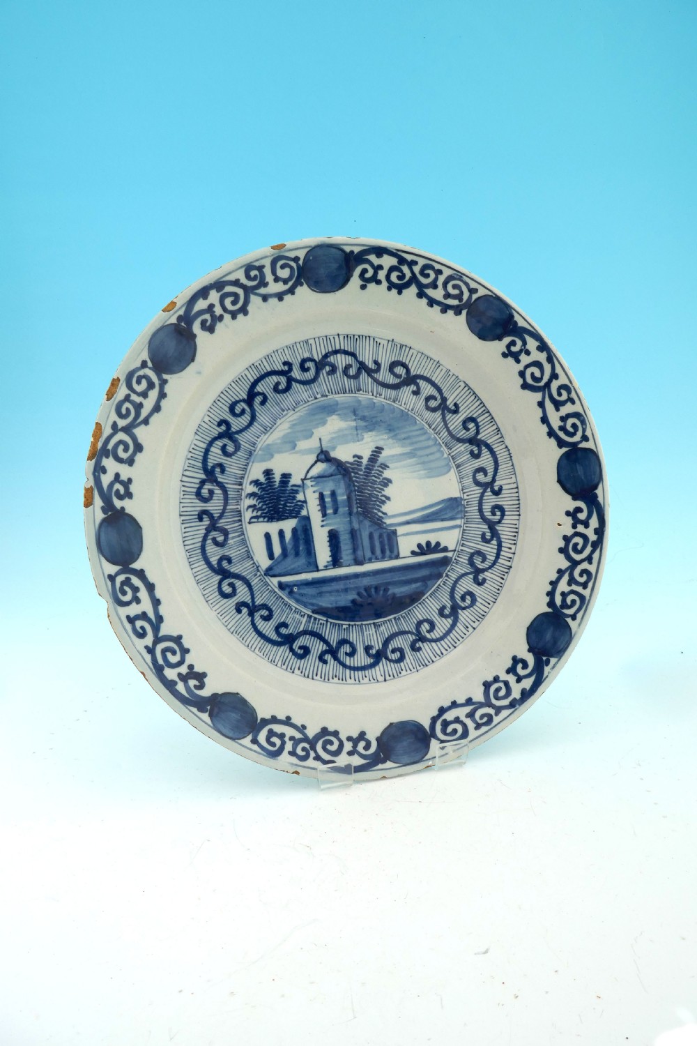 Antique Pottery 18thc Blue & White Delftware Charger.     Dutch C1770-80.