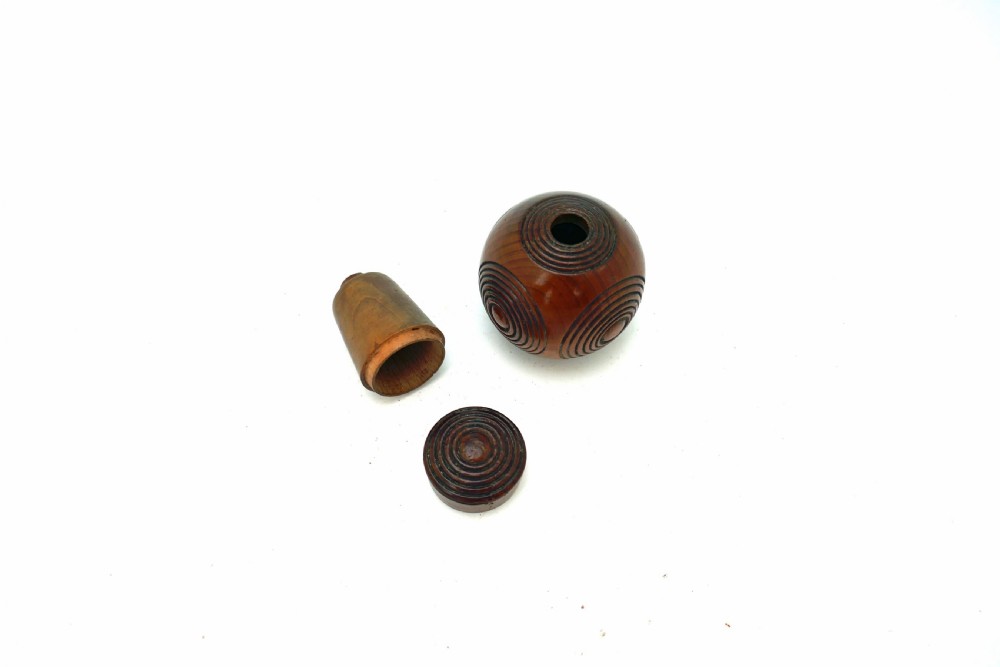 Antique Treen 19thc Yew Wood Puzzle Ball Snuff Box.     English C1820-40. View II