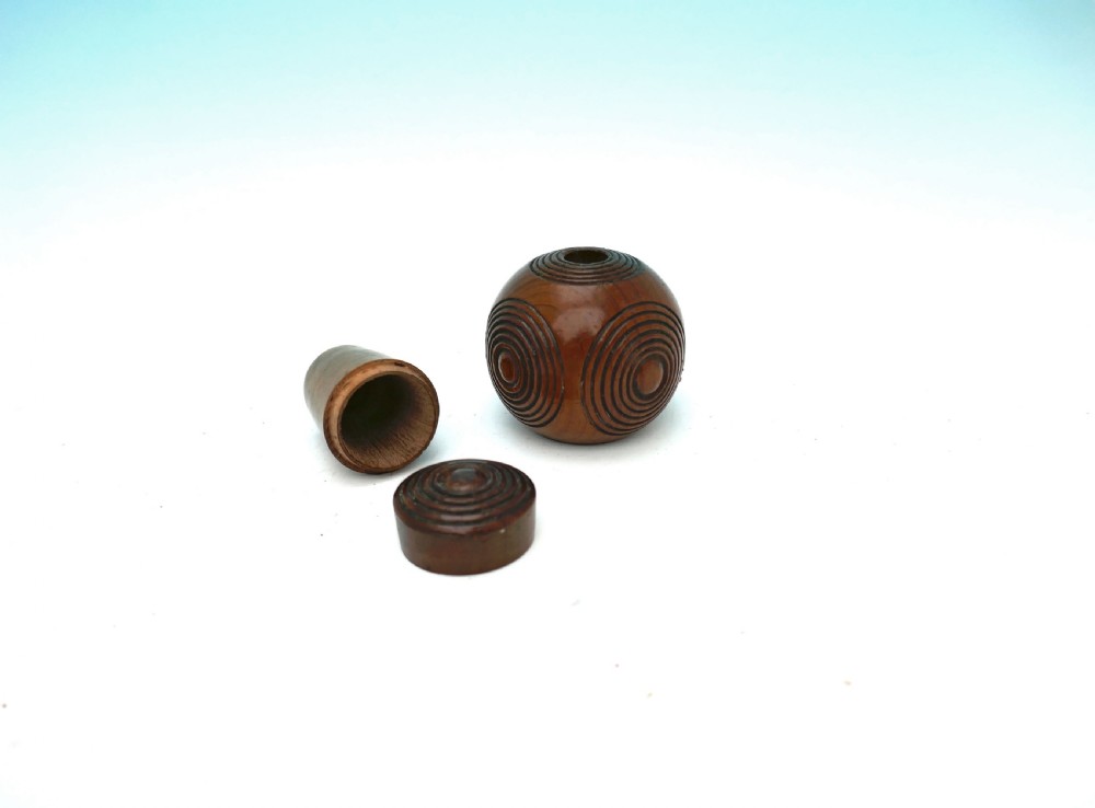 Antique Treen 19thc Yew Wood Puzzle Ball Snuff Box.     English C1820-40. View III