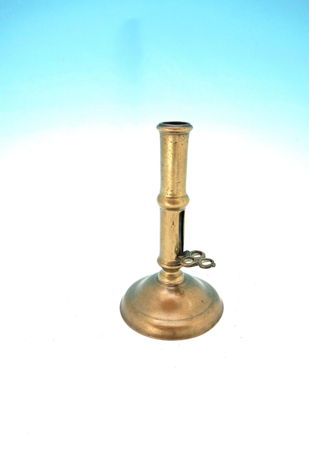 Early Metalware 18thc Brass Single Candlestick With Side Ejector.  English C1720-30