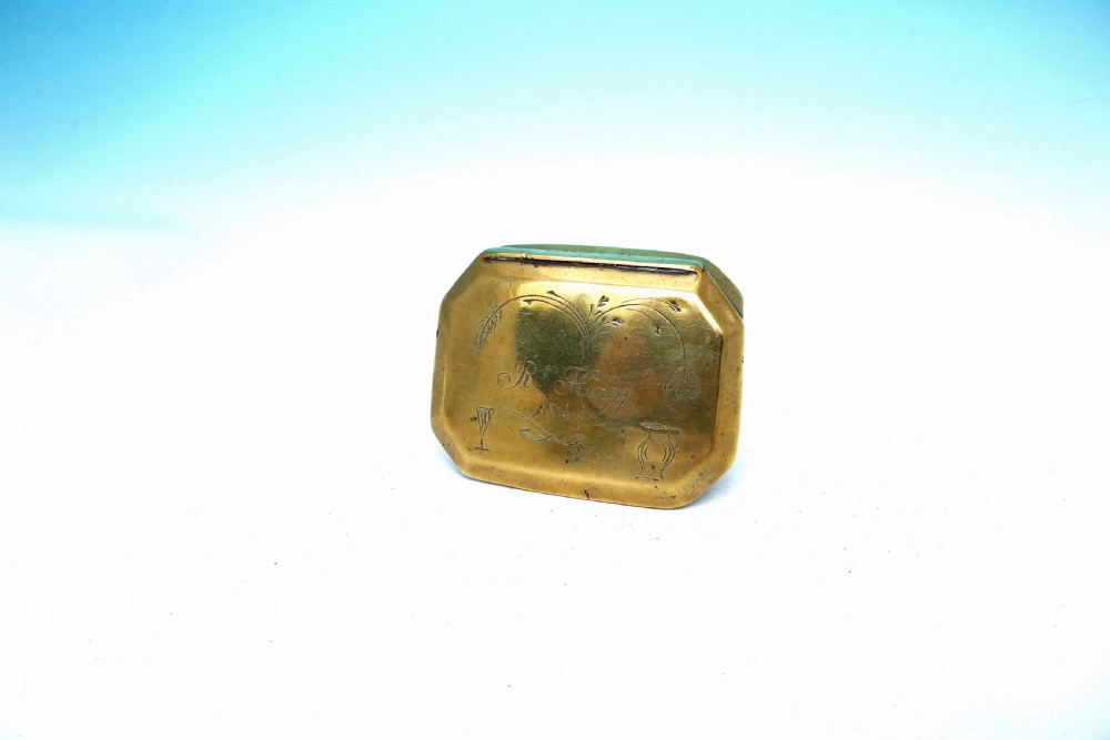 Antique Metalware 19thc Brass Snuff Box engraved and named Rt Hogg 1844.    English