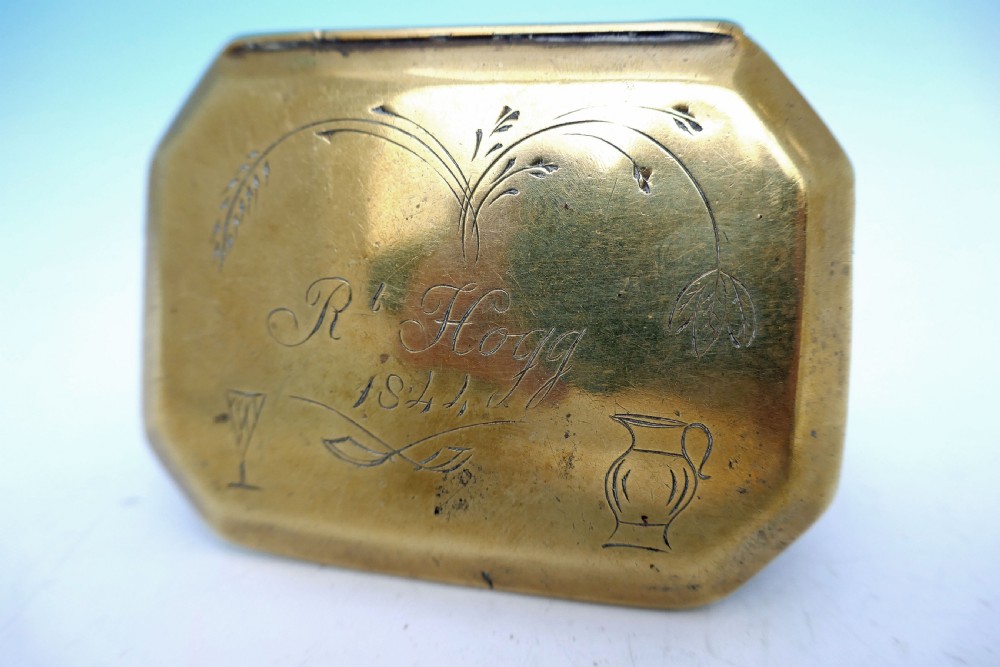 Antique Metalware 19thc Brass Snuff Box engraved and named Rt Hogg 1844.    English View II