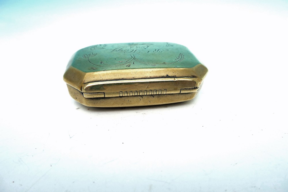Antique Metalware 19thc Brass Snuff Box engraved and named Rt Hogg 1844.    English View III