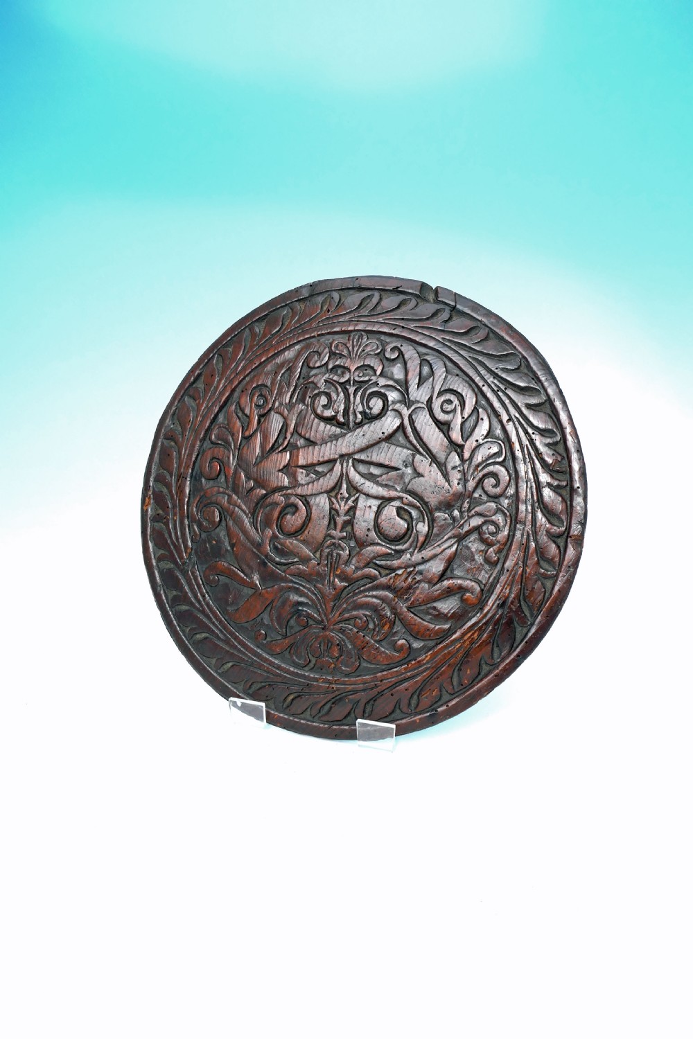 Antique Carved 17thc Pine Roundel Decorated With A Floral Pattern.  Continental C1660-80.
